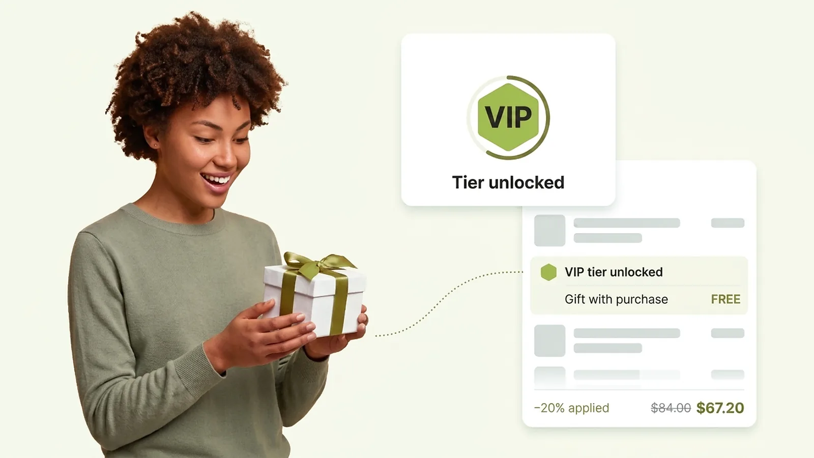 A delighted shopper holds a gift unlocked mid-purchase as her VIP tier activates and her order re-prices in real time.