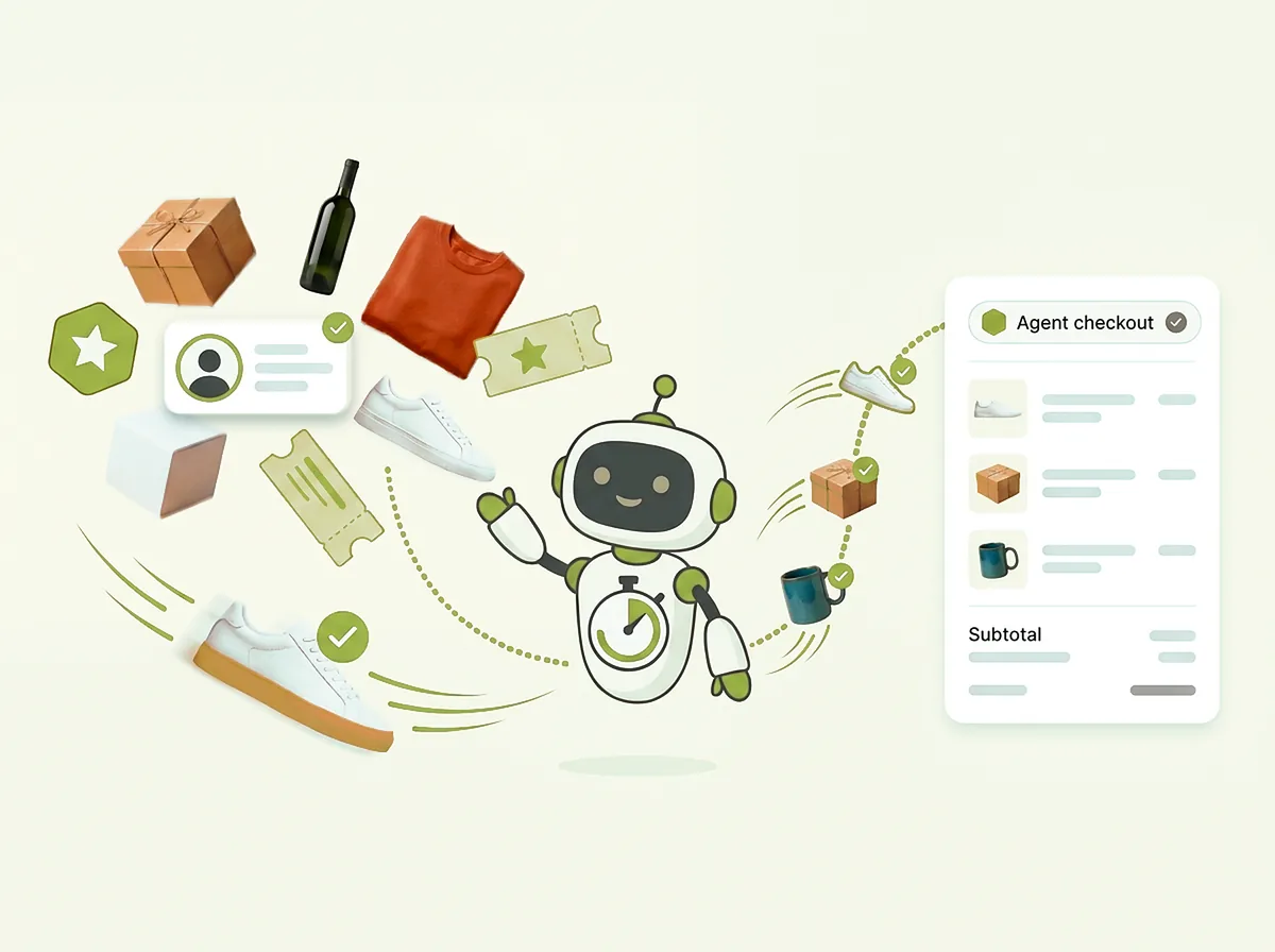 A friendly AI shopping agent races the clock to sort a member's products and loyalty rewards, completing an agent checkout with their best matches in real time.