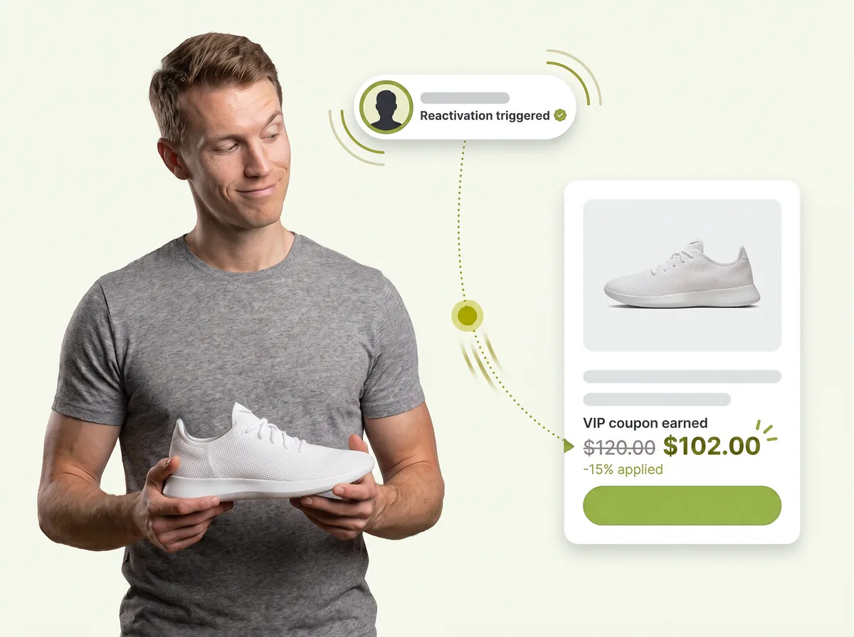 A returning customer weighs a running shoe as a real-time reactivation trigger fires at the point of sale, applying the VIP coupon he earned before he decides.